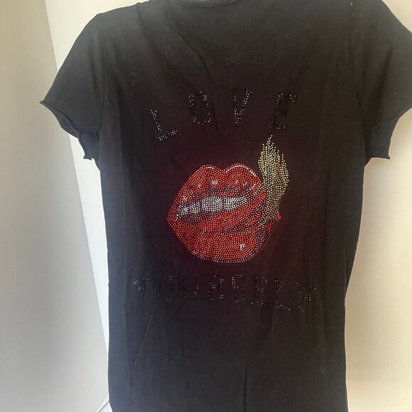 Zadig & Voltaire Love Yourself T-Shirt Womens Black Red Lips Strass Short Sleeve - Picture 6 of 7